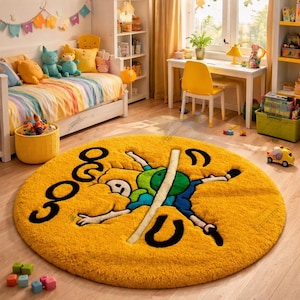 Adventure Time Finn Ramen Rug – Handmade Cartoon Noodle Mat – Colorful Round Plush Rug for Kids Room or Playroom – fluffy tufted custom rug