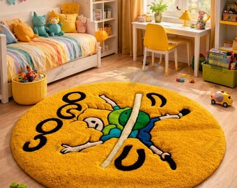 Alfombra de ramen Finn de Hora de Aventuras: tapete de fideos de dibujos animados hecho a mano, alfombra redonda de felpa colorida para habitación infantil o sala de juegos, alfombra personalizada con mechones esponjosos.