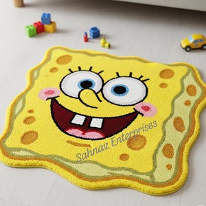 Handmade Tufted Sponge Cartoon Rug – Funny Yellow Character Floor Mat – Kids Room Decor – Playroom Accent Rug – Custom Shaped Area Rug