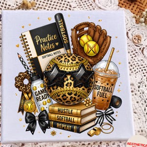 May include: A square canvas print featuring a softball-themed illustration with a leopard print softball wearing star-shaped sunglasses, a brown leather glove, a bat, a notebook labelled Practice Notes, a water bottle, and a cup labelled Softball Fuel.