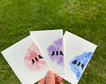 set of 3 “birds of a flock” mini hand painted original watercolor cards