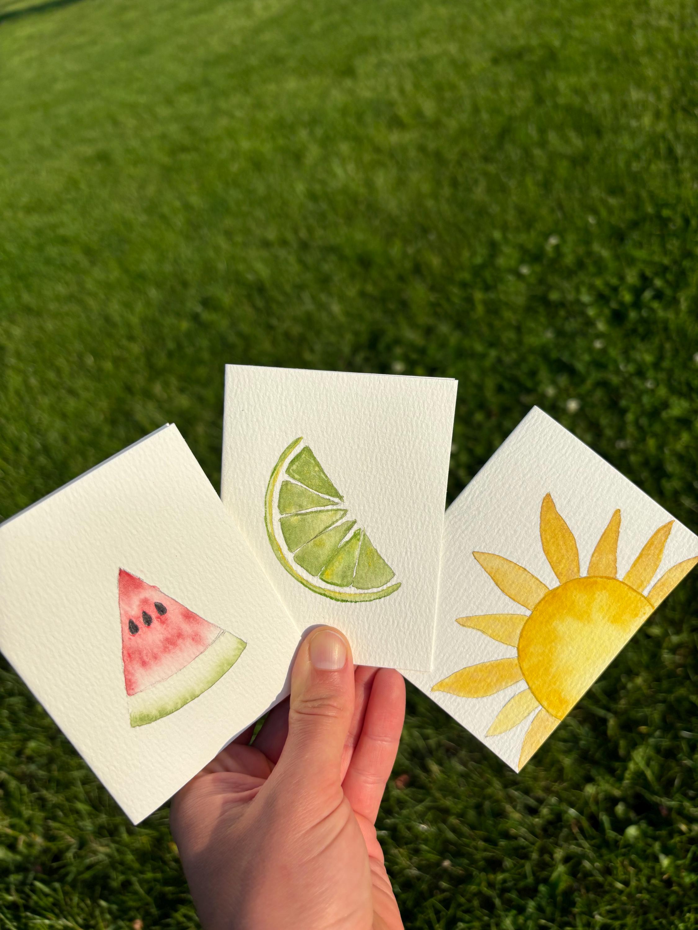 set of 3 “sweet summertime” mini hand painted original watercolor cards
