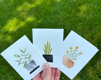 set of 3 “potted plants” mini hand painted original watercolor cards