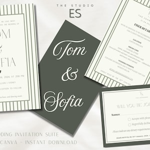 Bearbeitbare Hochzeitseinladungsfolge - Canva-Vorlage mit Antwortkarte, feinere Detailkarte & Monogramm - Modernes gestreiftes grün-Design