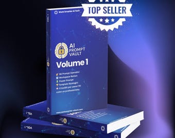 May include: A stack of three blue books titled "AI Prompt Vault Volume 1" with a "Top Seller" badge. The book covers feature a lock icon and text in white. The bottom book shows the website address www.worksmarter-aitech.com.