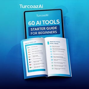 May include: A digital tablet displays the text "TurcoazAi" and "60 AI TOOLS STARTER GUIDE FOR BEGINNERS." An open book with a list of items is in front of the tablet. The background is a gradient of blue.