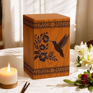 Handmade Wooden Cremation Urn: Hummingbird Floral Engraved Memorial Keepsake