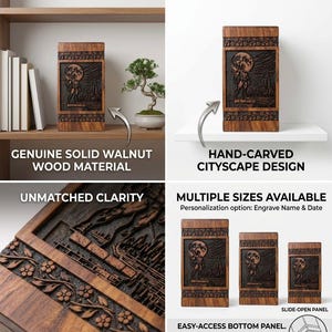 May include: A rectangular, hand-carved wooden box made of solid walnut. The box features a cityscape design with a figure under a full moon. The box is available in multiple sizes and has a slide-open panel.