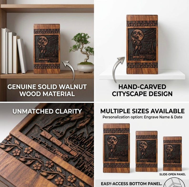 May include: A rectangular, hand-carved wooden box made of solid walnut. The box features a cityscape design with a figure under a full moon. The box is available in multiple sizes and has a slide-open panel.