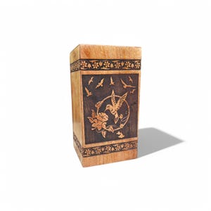 Handmade Wooden Cremation Urn: Hummingbird Engraved Memorial Keepsake