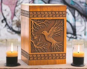Hand-Carved Wooden Hummingbird Urn: Memorial Keepsake Box