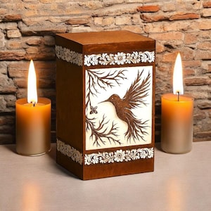 Hand-Carved Sheesham Wood Memorial Urn: Hummingbird Design