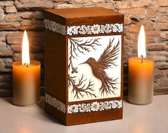 Hand-Carved Sheesham Wood Memorial Urn: Hummingbird & Floral Design