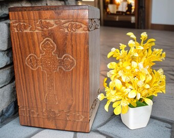 Hand Carved Wooden Cross Urn: Christian Memorial Keepsake Box