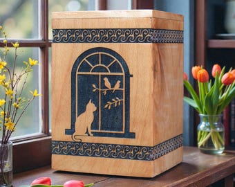 Engraved Wooden Cat Urn with Birds Design - Pet Memorial Keepsake