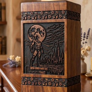 May include: A wooden box with a carved Batman design. The box features a detailed relief of Batman standing in front of a cityscape and a full moon. Floral patterns adorn the top and bottom edges. The wood has a warm, brown tone.