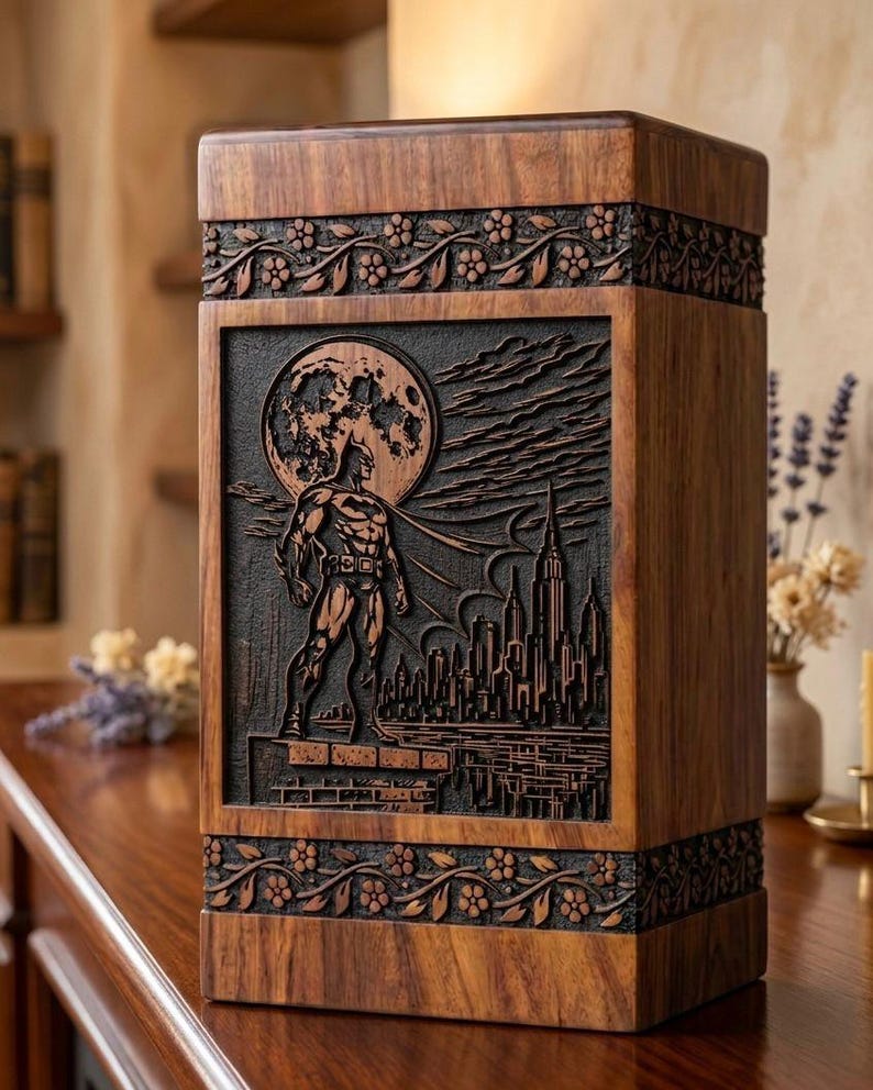 May include: A wooden box with a carved Batman design. The box features a detailed relief of Batman standing in front of a cityscape and a full moon. Floral patterns adorn the top and bottom edges. The wood has a warm, brown tone.