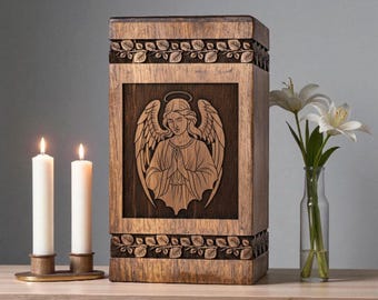 Handgesneden houten urn met engel – Sheesham-herinneringskist