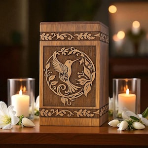 Personalized Decorative Wooden Cremation Urn – Hand-Carved Hummingbird & Foliage Keepsake Box – Memorial Urn for Ashes