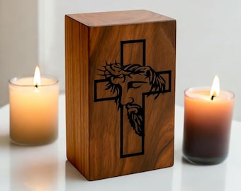 Engraved Jesus Christ Wooden Cremation Urn: Christian Memorial Keepsake