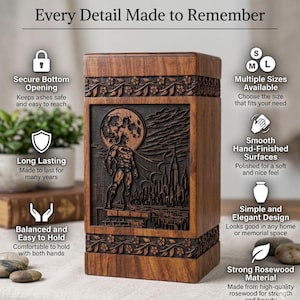 May include: A wooden urn with a carved Batman design, a full moon, and a cityscape. The urn has the text "Every Detail Made to Remember" and features such as a secure bottom opening and smooth, hand-finished surfaces.