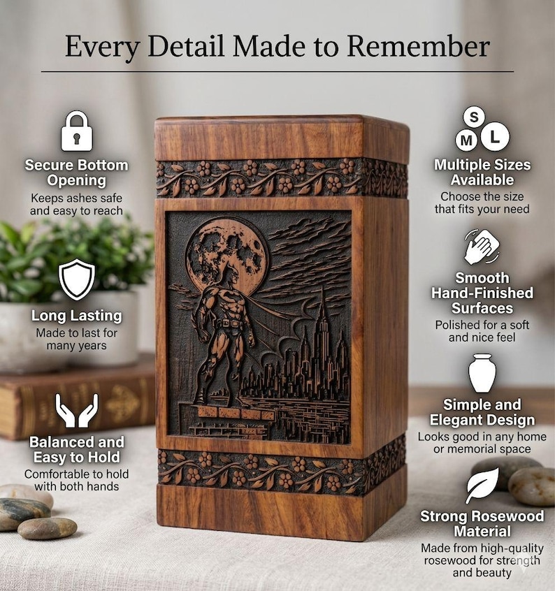 May include: A wooden urn with a carved Batman design, a full moon, and a cityscape. The urn has the text "Every Detail Made to Remember" and features such as a secure bottom opening and smooth, hand-finished surfaces.