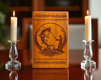 Personalized Fisherman Cremation Urn Box: Hand-Engraved Mango Wood Angler Memorial