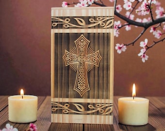 Handmade Wooden Cremation Urn Box | Engraved Cross Memorial Keepsake