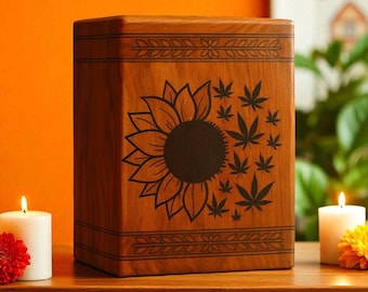 Handgemaakte houten crematie-urn met zonnebloemgravure