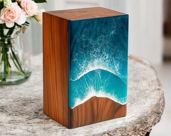 Handmade Sheesham Wood Ocean Wave Resin Urn - Adult Cremation Memorial