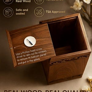 May include: A wooden urn with a hinged lid, open to reveal the interior. The urn is made of real wood and is handcrafted. Text on the image includes "Real Wood, Real Quality: Wooden Urns That Honor Your Memories."