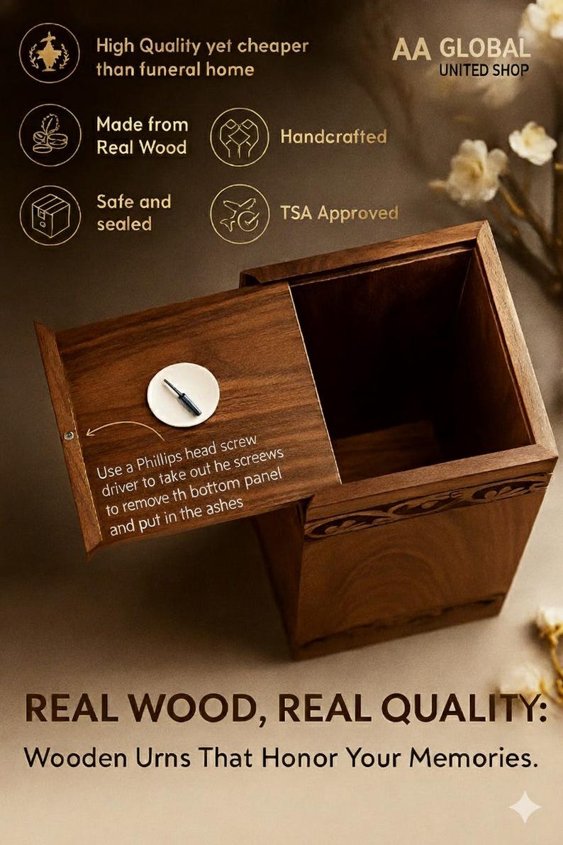 May include: A wooden urn with a hinged lid, open to reveal the interior. The urn is made of real wood and is handcrafted. Text on the image includes "Real Wood, Real Quality: Wooden Urns That Honor Your Memories."