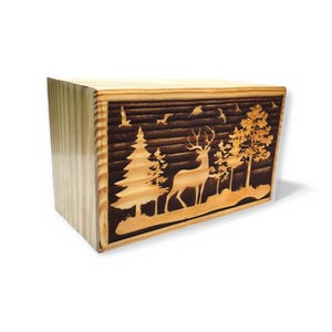 Handcrafted Pine Wood Cremation Urn Box – Bear Forest Design Personalized Memorial Urn Rustic Burial Keepsake – Custom Engraved Ashes Holder