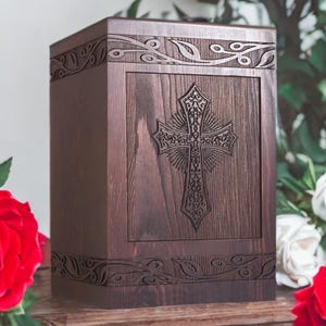 Personalized Wooden Cremation Urn with Cross: Memorial Keepsake Box