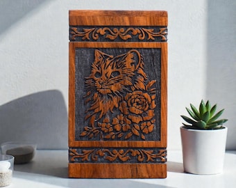 Hand Carved Wooden Cat Urn Box: Engraved Pet Memorial Keepsake