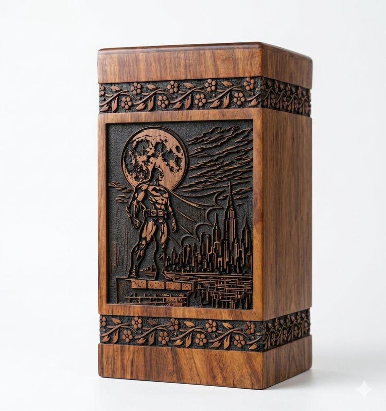 May include: A wooden box with a carved Batman scene. The box is brown with floral and leaf carvings at the top and bottom. The center panel features Batman standing in front of a full moon and a city skyline.