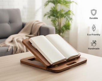 Atril de lectura de libros de madera hecho a mano: soporte rústico ajustable para libros de cocina y tabletas