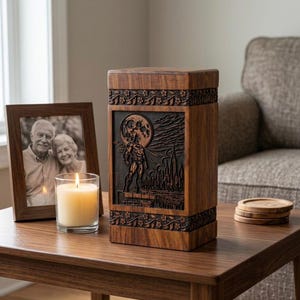 May include: A wooden urn with a carved superhero design, featuring a full moon and city skyline. The urn is rectangular with floral accents and is displayed on a wooden table. A framed photo and lit candle are also on the table.