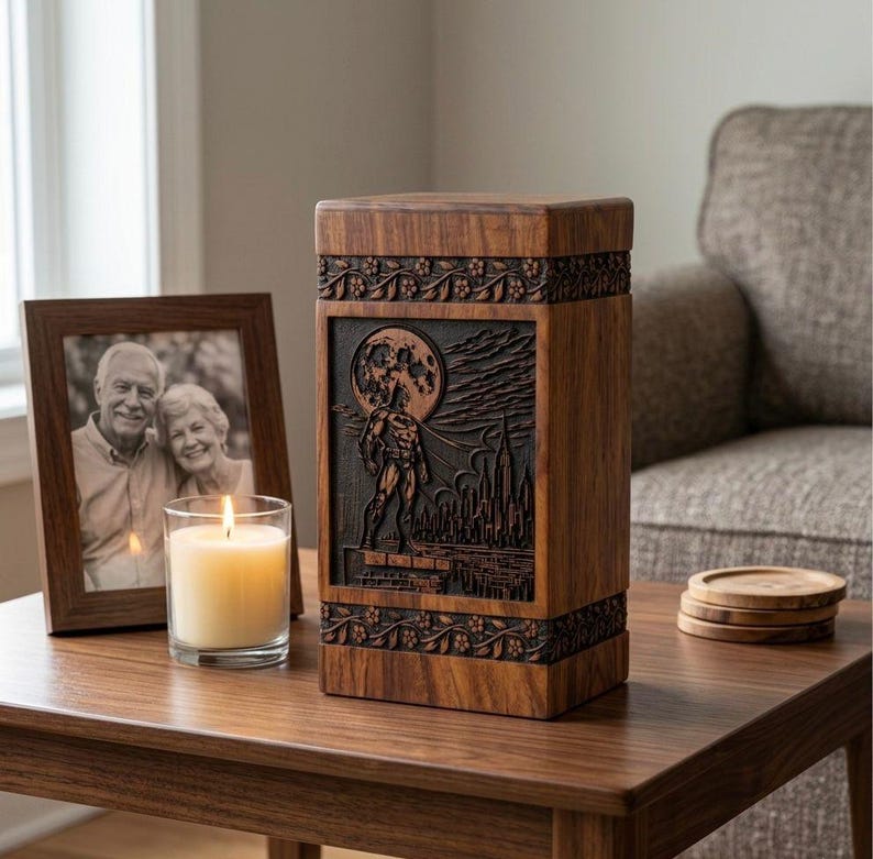 May include: A wooden urn with a carved superhero design, featuring a full moon and city skyline. The urn is rectangular with floral accents and is displayed on a wooden table. A framed photo and lit candle are also on the table.