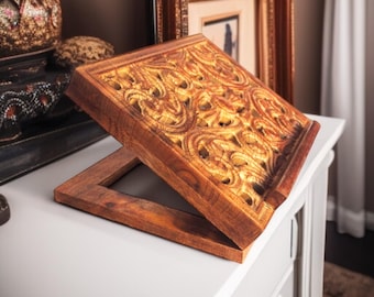Handcrafted Mango Wood Book Stand: Adjustable Carved Book Rest
