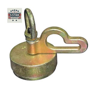 May include: A round, metallic magnet with a gold-colored metal hook and clasp. The magnet has a cylindrical shape and a flat base. The hook is attached to the top of the magnet, and the clasp is designed for easy attachment. The logo "5 STAR" is visible.