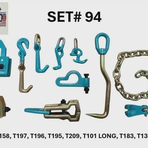 May include: A set of auto body repair tools, including hooks, clamps, and a chain. The tools are various shapes and sizes, with a teal finish and silver chain. The text "SET# 94" is displayed above the tools, with the text "5 STAR AUTO BODY EQUIPMENT WHOLESALER" in the upper left corner.