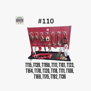 May include: A red metal tool organizer with various tools hanging on it. The tools include hooks, clamps, and other hardware. The text "#110" is above the tools, and a list of item numbers is below.