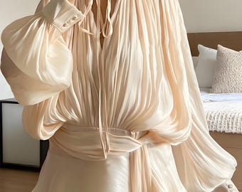 Luxury Pleated Chiffon Dress, Lace Up Ruffle Hem Blouse Dress, Long Sleeve Dress with Waist Tie, Women&#39;s Party Outfit, Boho Layered Dress