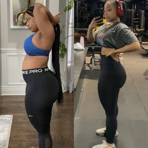 May include: A side-by-side comparison of a person in athletic wear. The left image shows a person in a blue sports bra and black leggings. The right image shows the same person in a gray crop top and black leggings, in a gym setting.