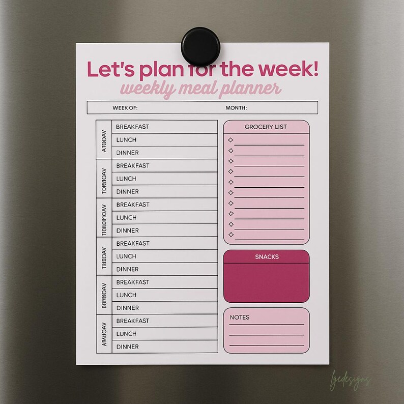 Pink Weekly Meal Planner Printable: Grocery List & Notes (digital ...