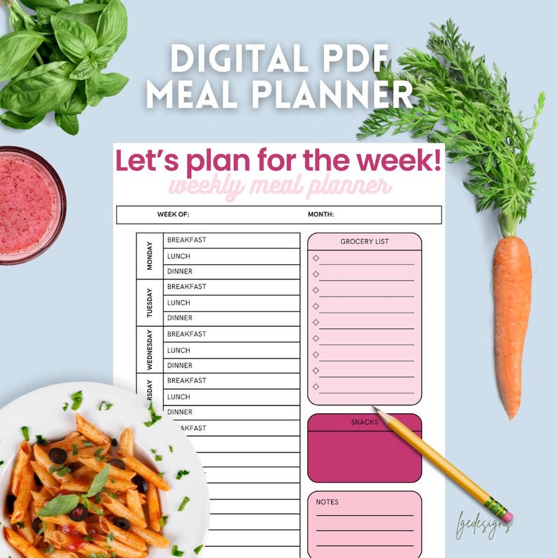 Pink Weekly Meal Planner Printable: Grocery List & Notes (digital ...