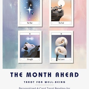 Prévisions mensuelles du tarot - Lecture personnalisée de 4 cartes pour plus de clarté, d'énergie et d'orientation (PDF numérique)