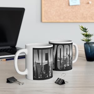 New York City Skyline Coffee Mug, NYC Gift, Travel Souvenir, Black & White Mug, Urban Decor
