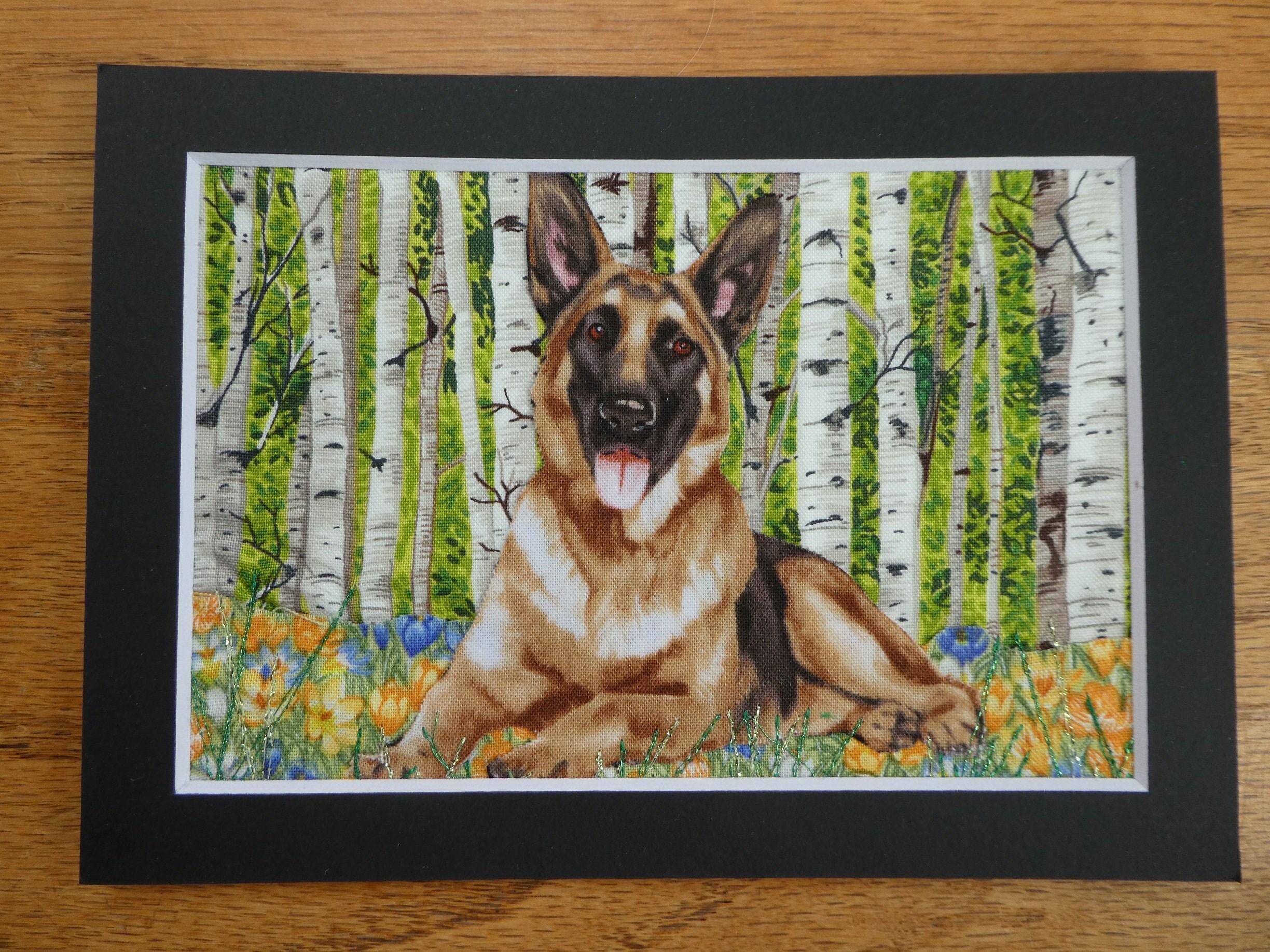 Fabric Textile Art German Shepherd Dog Forest glade mounted stitch